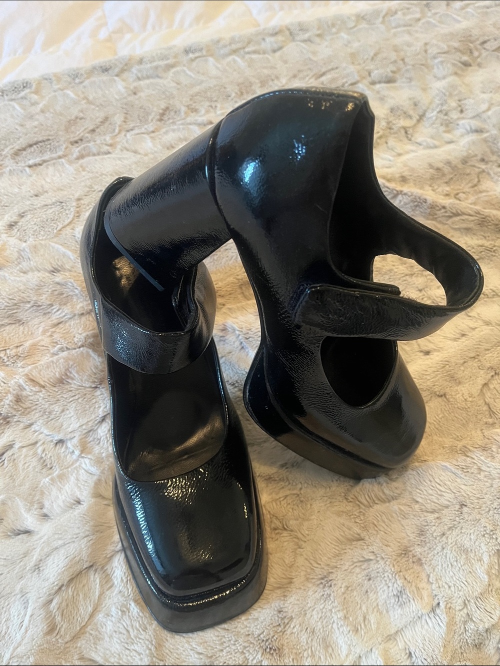 Black Patent Platform Mary Jane Pumps with Strap